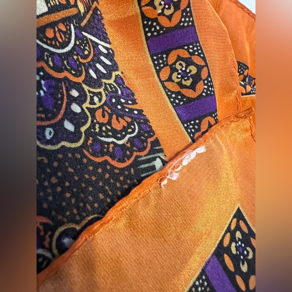 Square Silk Scarf 31” x 31” Orange / Purple Floral & Paisley Design - Picture 12 of 12